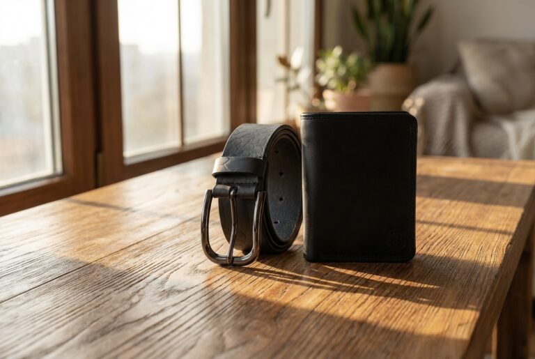 Handmade leather wallet on a leather backdrop