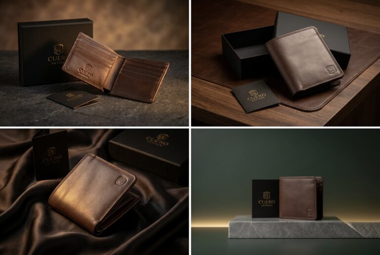 Close-up of handmade leather wallets showing stitching detail