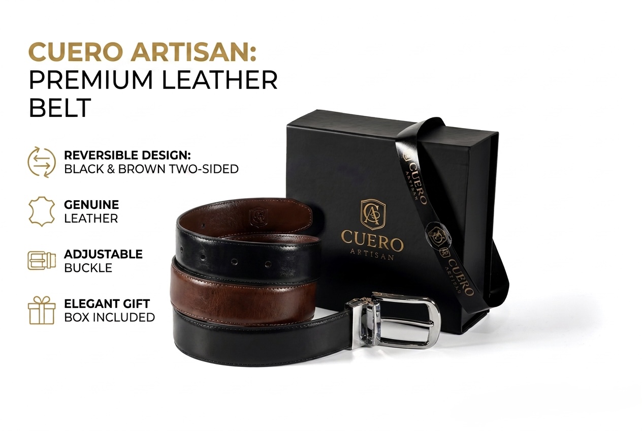 Cuero Artisan leather belts styled on packaging